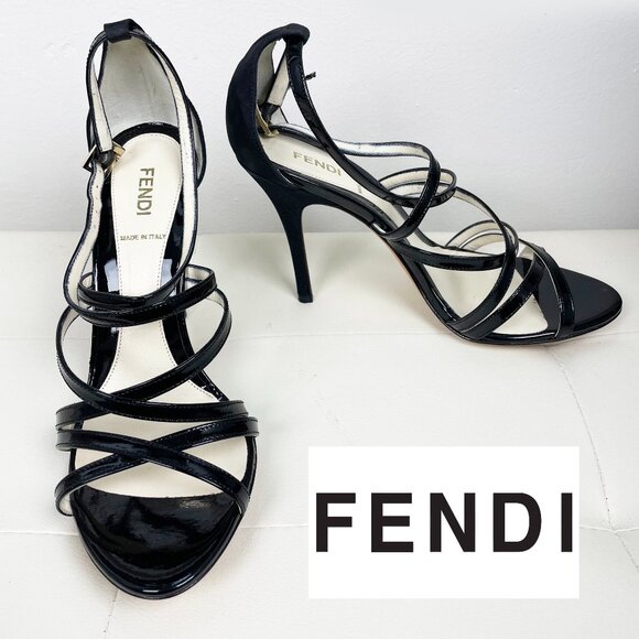 Fendi Black Patent Leather Sandal Heels | Moire + Vernice 2009 | Size 39.5 | EUC - Picture 1 of 12